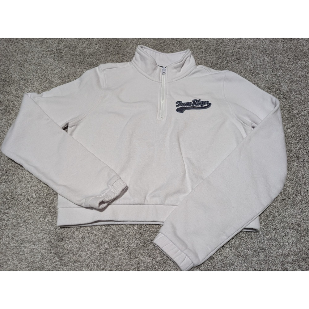 True Religion Sweatshirt Womens M White Quarter Zip Cropped Logo Pullover Sporty